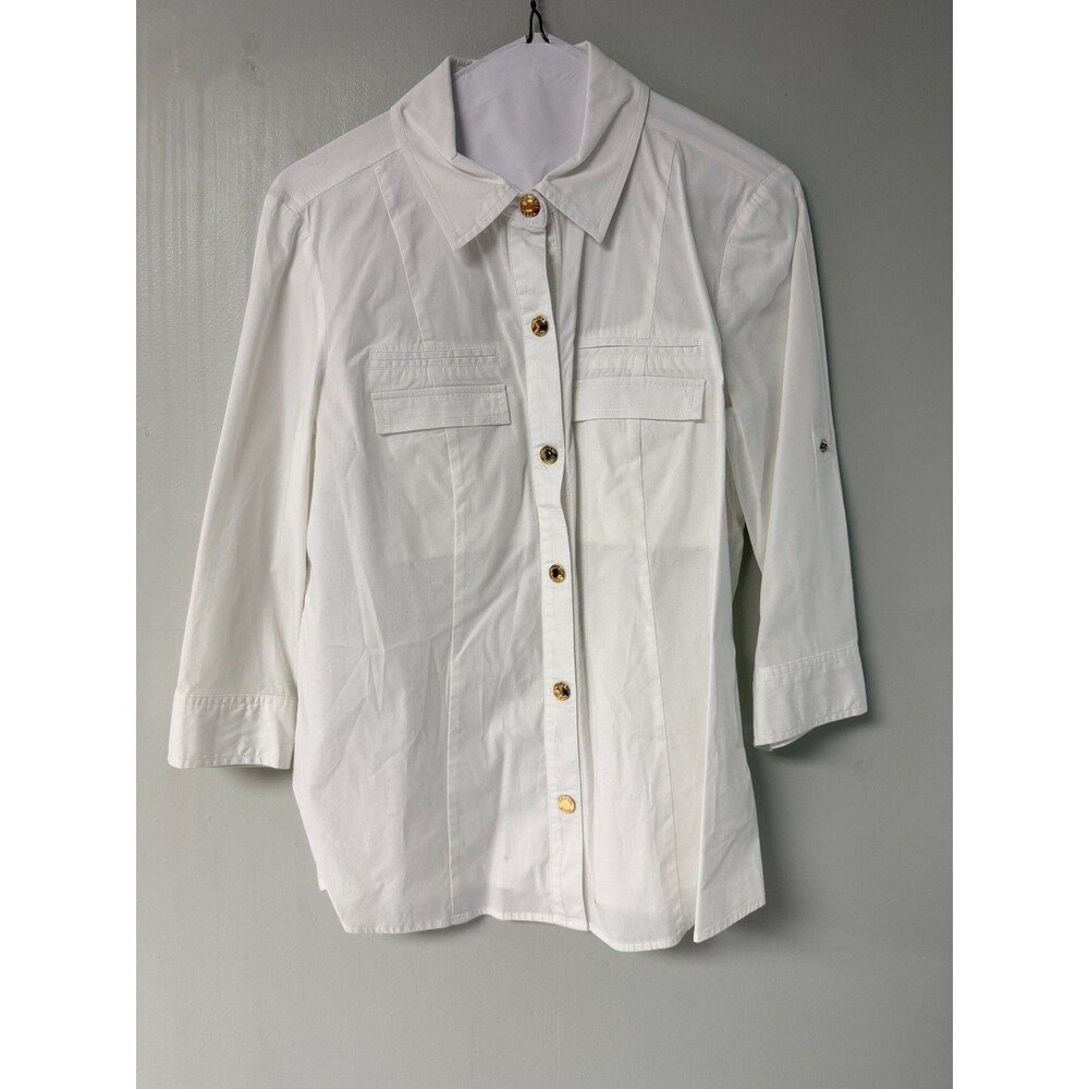 Michael Kors Womens Size 8 White Utility Button Down Shirt Gold Tone Buttons